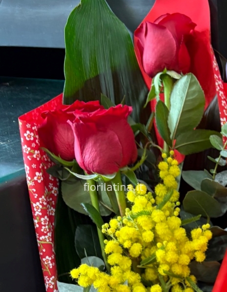 Rose rosse con mimosa | Festa della Donna